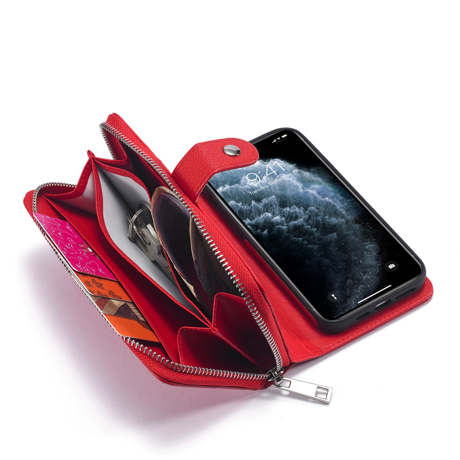 iPhone 13 Pro Max Case Zipper Wallet (Red)