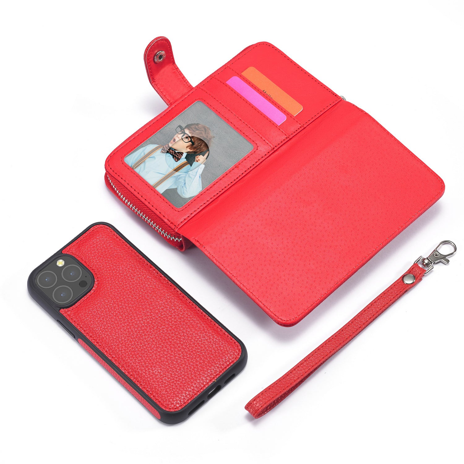 iPhone 13 Pro Max Case Zipper Wallet (Red)