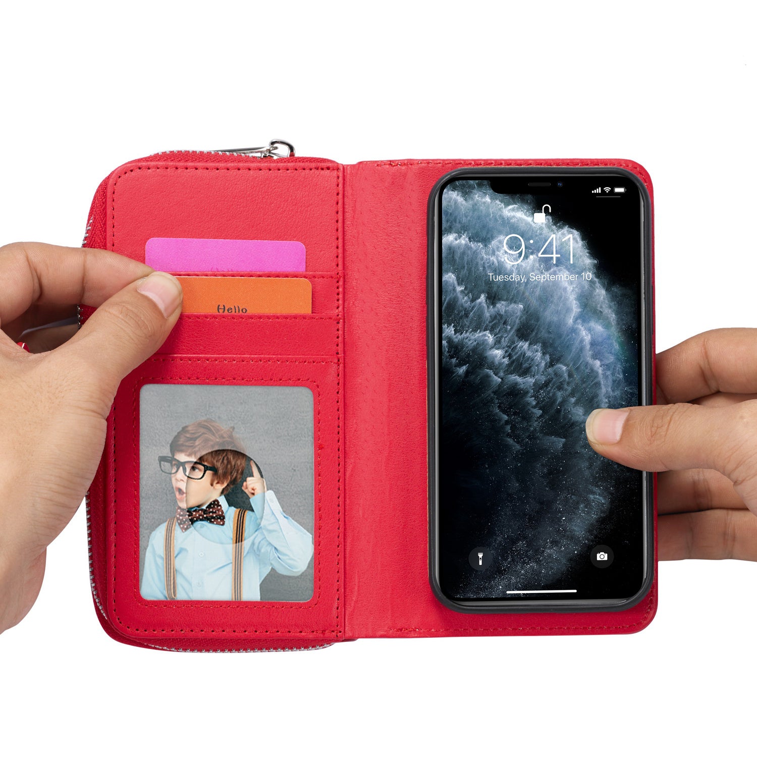 iPhone 13 Pro Max Case Zipper Wallet (Red)