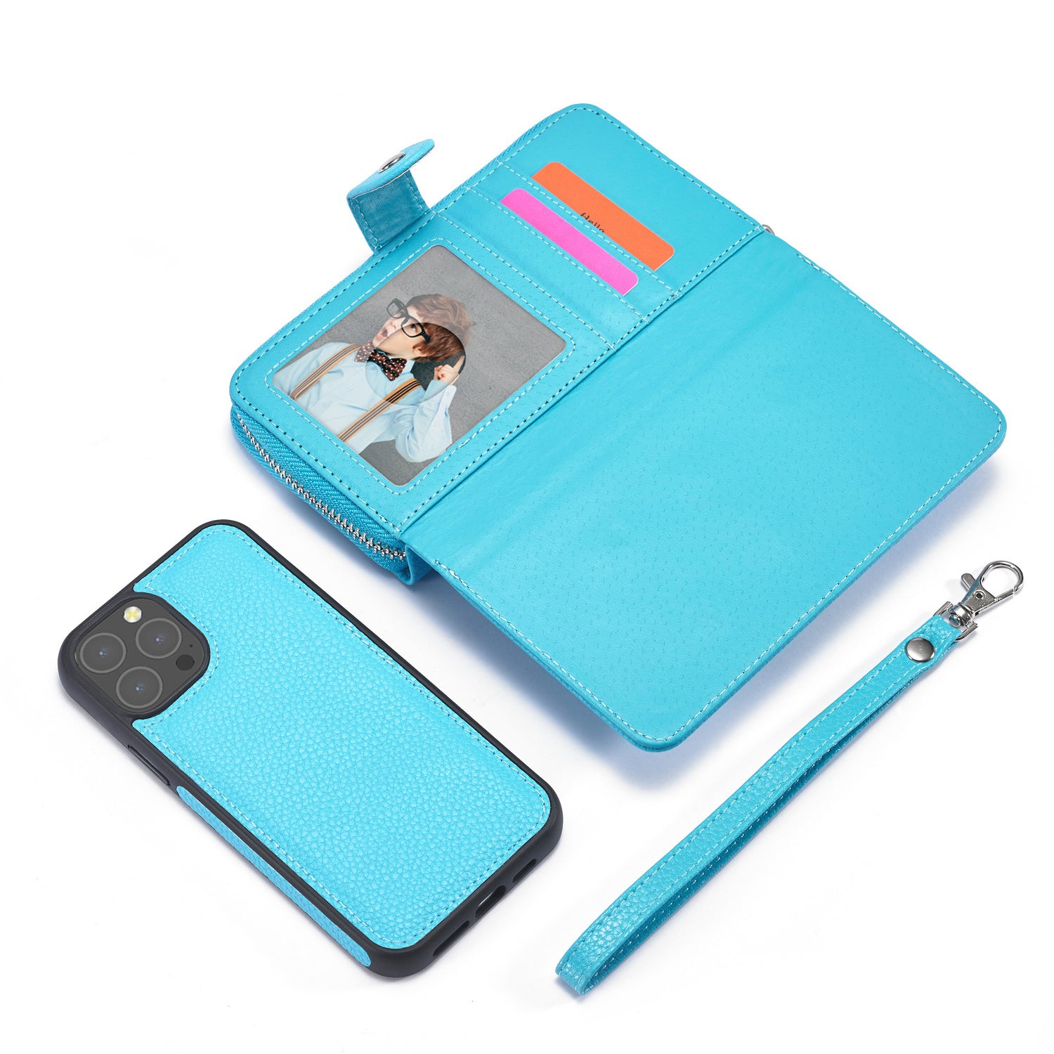 iPhone 13 Pro Max Case Zipper Wallet (LightBlue)