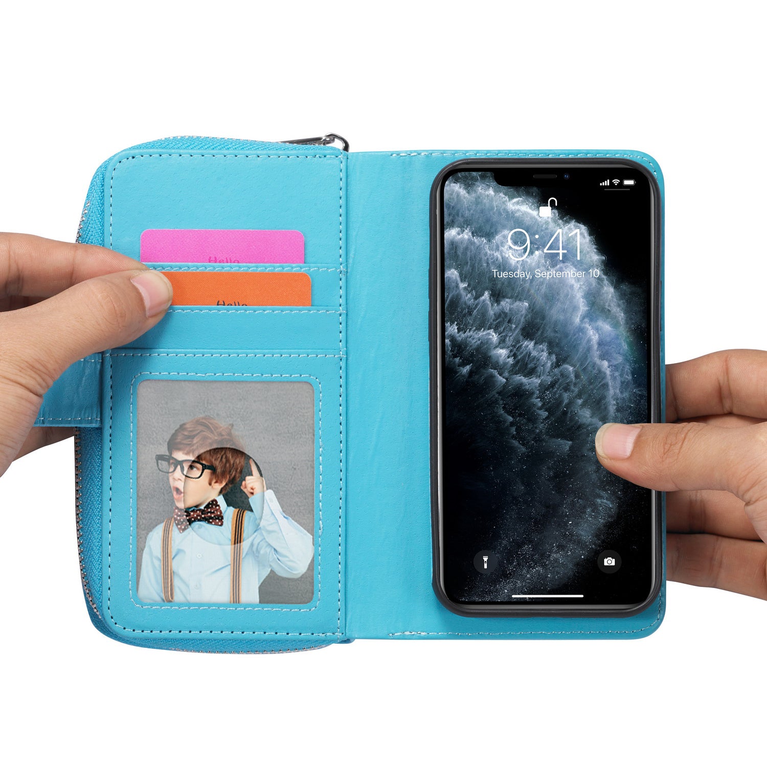 iPhone 13 Pro Max Case Zipper Wallet (LightBlue)